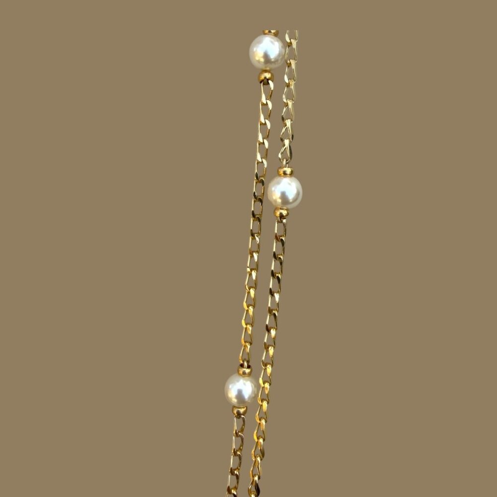 Napier Gold-Tone Double-Strand Chain  Necklace With Faux Pearl Accents- Vintage - Picture 5 of 7